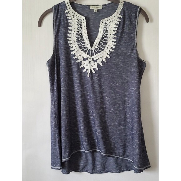 Max Studio Tops - Max Studio Stripe Embroidered V Neck Sleeveless Tank Top  Sz S Blue White